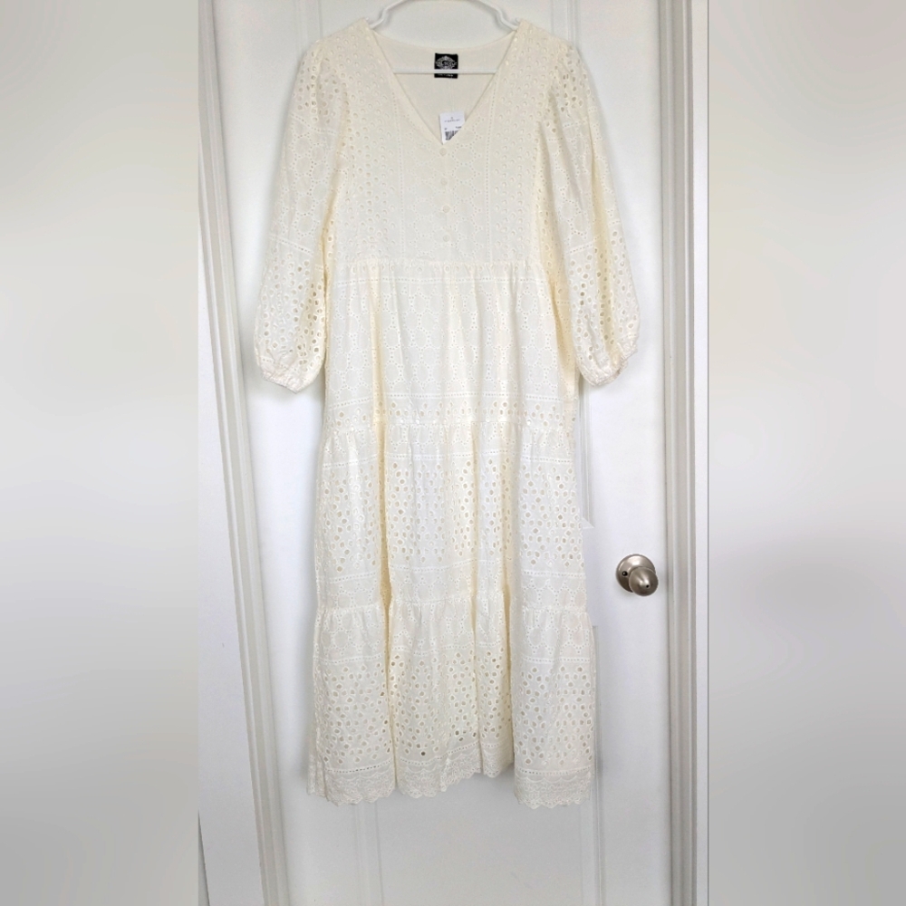 100% Cotton Cream White Lace Tiered Dress Size Large Nwt